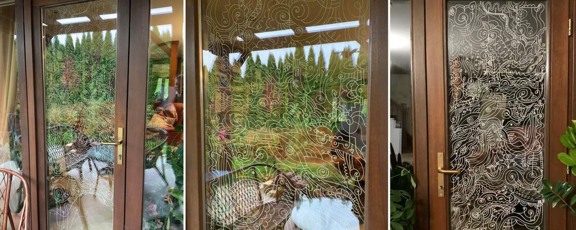 Drawing on the door glass of our house. This style is applicable to many different glass surfaces such as shop windows, show glasses etc. The outline of the drawing can be equally thin or thicker than this one. Contact me for more details and commissions.
