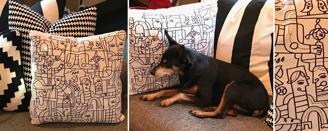My aunt, who lives in the US, made this pillow using my illustrated print on a white textile. It found its home in Atlanta.